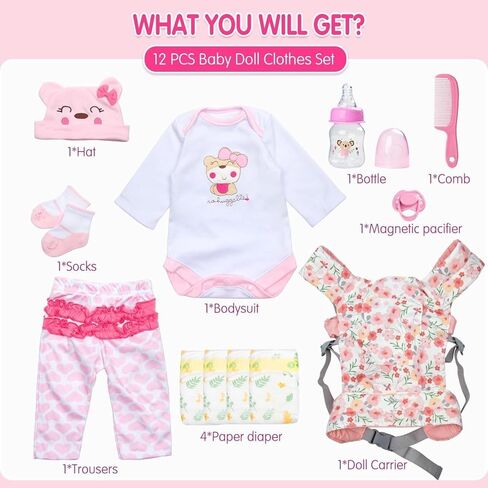 Reborn Baby Doll Clothes Accessories Set with Floral Doll Carrier, 12Pcs Pink Outfit Fit 18-22 Inch Newborn Reborn Doll, Pretend Dress Up Playset in Kuwait