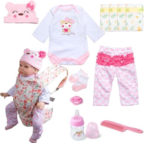 Reborn Baby Doll Clothes Accessories Set with Floral Doll Carrier, 12Pcs Pink Outfit Fit 18-22 Inch Newborn Reborn Doll, Pretend Dress Up Playset in Kuwait