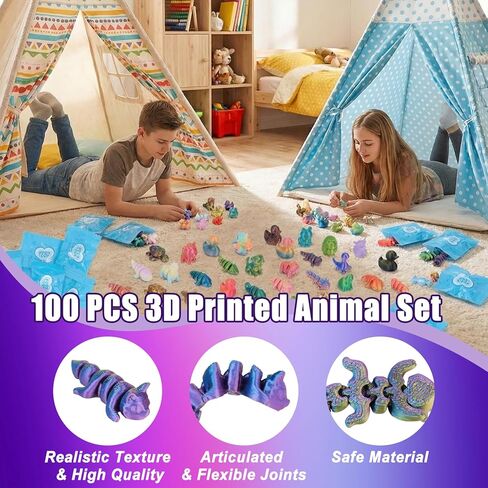 Hysagtek 100Pcs Mini 3D Printed Animals Blind Bag - Mystery Pack Flexible Articulated Fidget Toys Realistic Mini Animals Figures for Desk Decor Rewards Goodie Bags Party Favors Birthday Gifts in Saudi Arabia