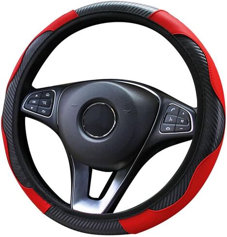 Carbon Fiber Pattern Steering Wheel Cover, Universal Fit 15 Inch Non-Slip PU Leather, Sporty Red Design No Inner Ring for Car Interior in Kuwait