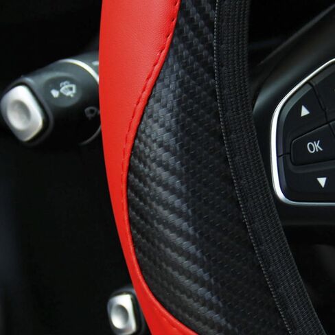 Carbon Fiber Pattern Steering Wheel Cover, Universal Fit 15 Inch Non-Slip PU Leather, Sporty Red Design No Inner Ring for Car Interior in Kuwait