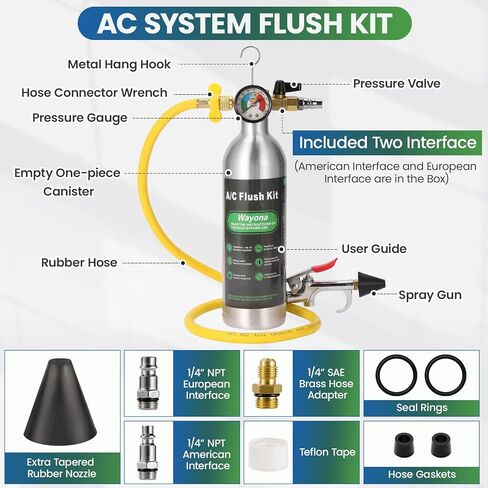 Wayona AC Flush Kit - Air Conditioner System Flush Kit Automotive Pipeline Cleaning Tool Set with Canister, 220PSI Gauge, Fittings & Hose AC System Flush Tool for R134a R12 R22(Without Flush Solvent) in Saudi Arabia