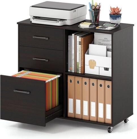 Giantex 3-Drawer Mobile File Cabinet, Rolling Printer Stand with Open Storage Shelves, Under Desk Lateral Filing Cabinet for Letter/A4 Size, Wooden Office Organizer with Wheels for Home Office (Brown) in Kuwait