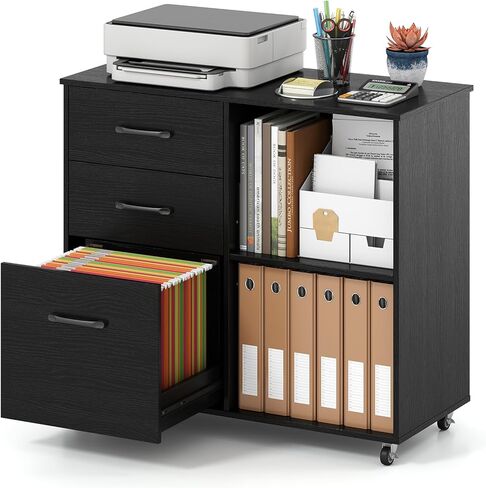 Giantex 3-Drawer Mobile File Cabinet, Rolling Printer Stand with Open Storage Shelves, Under Desk Lateral Filing Cabinet for Letter/A4 Size, Wooden Office Organizer with Wheels for Home Office (Brown) in Saudi Arabia