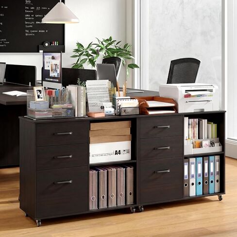 Giantex 3-Drawer Mobile File Cabinet, Rolling Printer Stand with Open Storage Shelves, Under Desk Lateral Filing Cabinet for Letter/A4 Size, Wooden Office Organizer with Wheels for Home Office (Brown) in Saudi Arabia