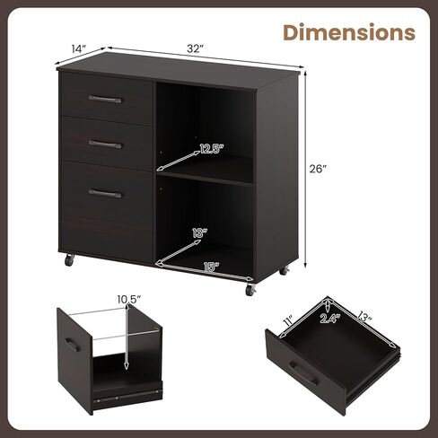 Giantex 3-Drawer Mobile File Cabinet, Rolling Printer Stand with Open Storage Shelves, Under Desk Lateral Filing Cabinet for Letter/A4 Size, Wooden Office Organizer with Wheels for Home Office (Brown) in Saudi Arabia