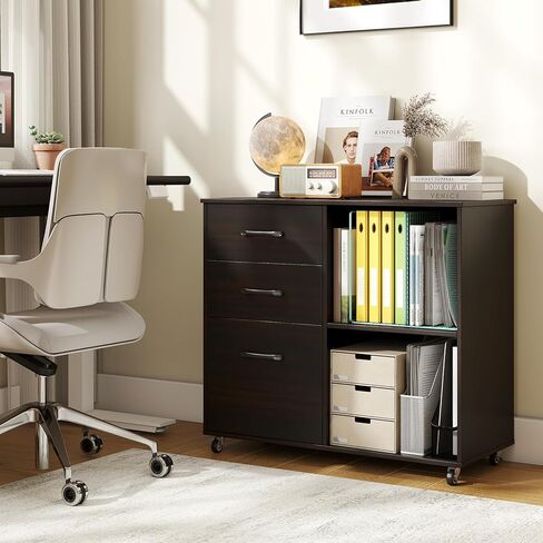 Giantex 3-Drawer Mobile File Cabinet, Rolling Printer Stand with Open Storage Shelves, Under Desk Lateral Filing Cabinet for Letter/A4 Size, Wooden Office Organizer with Wheels for Home Office (Brown) in Saudi Arabia