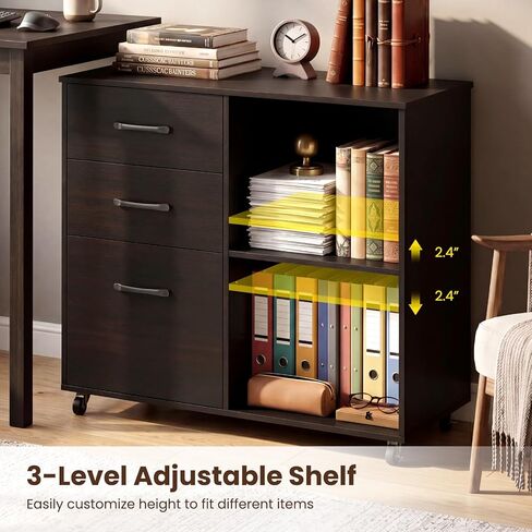 Giantex 3-Drawer Mobile File Cabinet, Rolling Printer Stand with Open Storage Shelves, Under Desk Lateral Filing Cabinet for Letter/A4 Size, Wooden Office Organizer with Wheels for Home Office (Brown) in Saudi Arabia