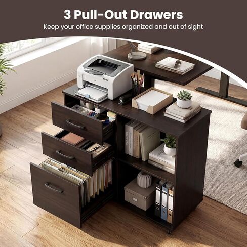 Giantex 3-Drawer Mobile File Cabinet, Rolling Printer Stand with Open Storage Shelves, Under Desk Lateral Filing Cabinet for Letter/A4 Size, Wooden Office Organizer with Wheels for Home Office (Brown) in Saudi Arabia