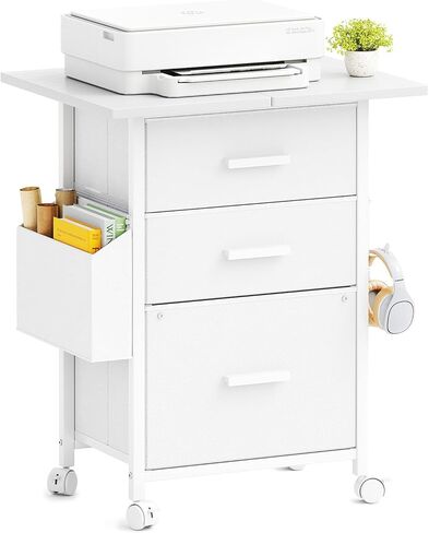 3-Drawer Mobile File Cabinet with 22" Wide Printer Stand, Fabric Under Desk Filing Cabinet with Side Bag & Headphone Hook, Fits Letter/A4 Size Hanging File Folders, Rolling Home Office Organizer,White in Saudi Arabia