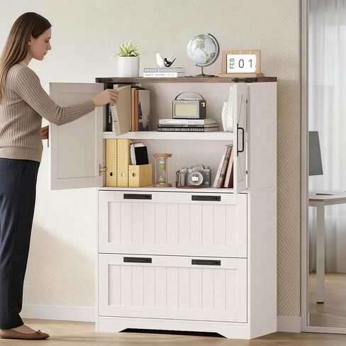Halitaa 2 Drawer Filing Cabinet, Farmhouse File Cabinet for Home Office with Storage Space, Wood Tall Office Filing Cabinet fits Legal/Letter/A4 Size, Lateral File Cabinets with 2 Doors, Rustic White in Saudi Arabia