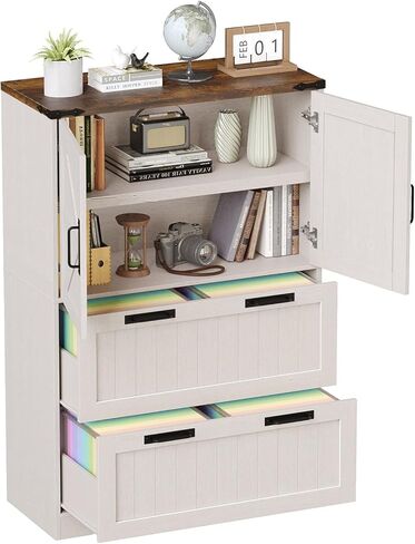 Halitaa 2 Drawer Filing Cabinet, Farmhouse File Cabinet for Home Office with Storage Space, Wood Tall Office Filing Cabinet fits Legal/Letter/A4 Size, Lateral File Cabinets with 2 Doors, Rustic White in Saudi Arabia