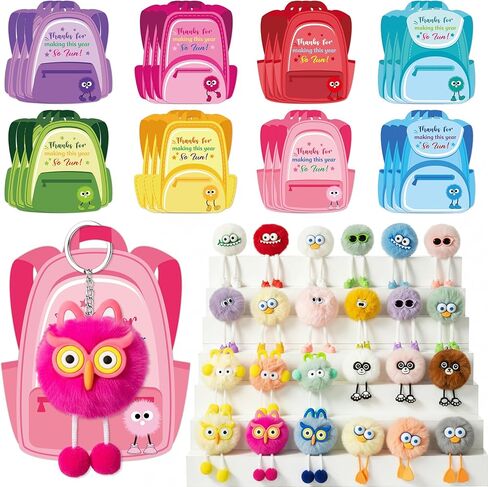 TICIAGA 24 Style End of School Year Plush Keychain Gift Set with Thank You Card, Fun Fluffy Pom Pom Keychain Bulk Fur Ball Charm for Kids Last Day of School Class Prizes Party Favor Goodie Bag Stuffer in Saudi Arabia