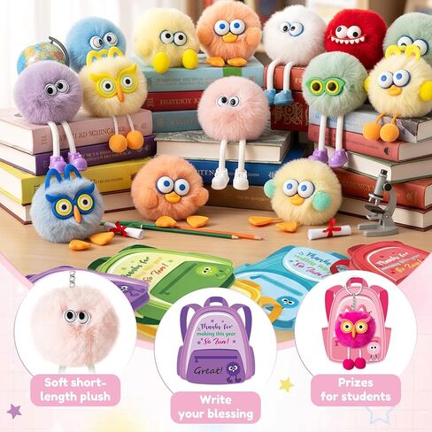 TICIAGA 24 Style End of School Year Plush Keychain Gift Set with Thank You Card, Fun Fluffy Pom Pom Keychain Bulk Fur Ball Charm for Kids Last Day of School Class Prizes Party Favor Goodie Bag Stuffer in Saudi Arabia