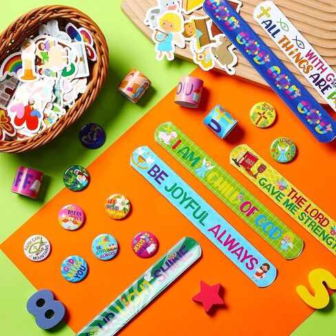 Frienda 110 Pcs Christian Gifts Bulk Included Religious Slap Bracelets Bible Verse Stickers Jesus Loves You Button Pins Inspirational Prizes for Boys Girls Students Sunday School Party Favor(Stylish) in Kuwait