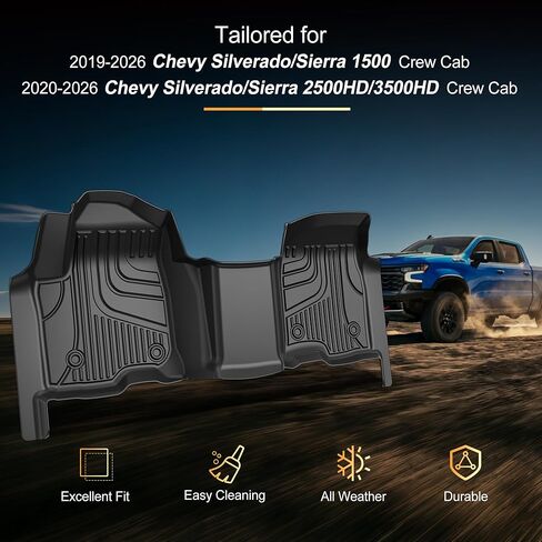 سجادات أرضية AOMSAZTO لسيارة 2019-2026 Chevy Silverado 1500 / GMC Sierra 1500، 2020-2026 Silverado/Sierra 2500HD / 3500HD - بطانة مقعد السيارة للصف الأول لسيارة شيفروليه سيلفرادو (الصف الأمامي) in Kuwait