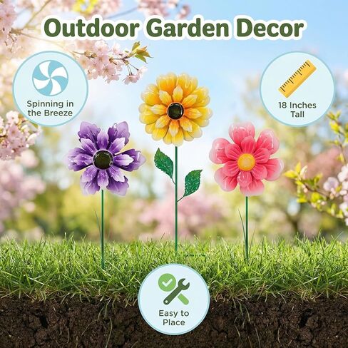 3pcs 18inch Metal Flower Decorative Garden Stakes & Wind Spinner for Outdoor, Colorful Yard Art Garden Decorations for Outside Lawn Porch Pathway Patio. in Saudi Arabia