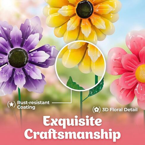 3pcs 18inch Metal Flower Decorative Garden Stakes & Wind Spinner for Outdoor, Colorful Yard Art Garden Decorations for Outside Lawn Porch Pathway Patio. in Saudi Arabia
