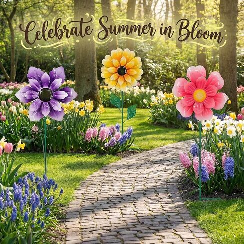 3pcs 18inch Metal Flower Decorative Garden Stakes & Wind Spinner for Outdoor, Colorful Yard Art Garden Decorations for Outside Lawn Porch Pathway Patio. in Saudi Arabia