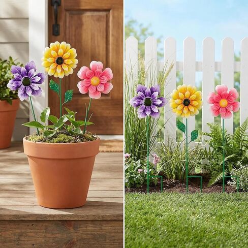3pcs 18inch Metal Flower Decorative Garden Stakes & Wind Spinner for Outdoor, Colorful Yard Art Garden Decorations for Outside Lawn Porch Pathway Patio. in Saudi Arabia