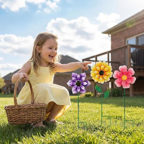 3pcs 18inch Metal Flower Decorative Garden Stakes & Wind Spinner for Outdoor, Colorful Yard Art Garden Decorations for Outside Lawn Porch Pathway Patio. in Saudi Arabia