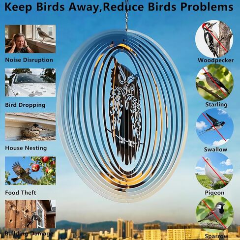 2pcs Owl Bird Scare Devices to Keep Woodpeckers, Pigeons Away from Your House, Patio, Orchards,Bird Deterrents for Outside, Reflective 3D Stainless Steel Wind Spinners Outdoor Garden Decor in Kuwait