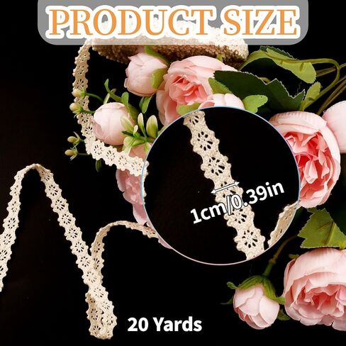20 Yards Vintage Lace Ribbon, 0.39“ Beige Crochet Lace Trim for Sewing, Cotton Ribbon Lace for Crafts, Gift Package Wrapping, Bridal Wedding Decoration, Scrapbooking Supplies in Kuwait