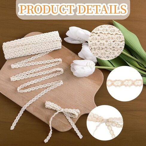 20 Yards Vintage Lace Ribbon, 0.39“ Beige Crochet Lace Trim for Sewing, Cotton Ribbon Lace for Crafts, Gift Package Wrapping, Bridal Wedding Decoration, Scrapbooking Supplies in Kuwait
