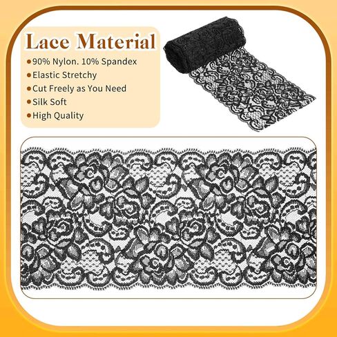 Black Lace Ribbon Fabric 5 Yards 4.3 Inches Stretchy Elastic Trim Lace Ribbon Vintage Fabric Applique Floral Pattern for Bridal Wedding Decorations Crafts Sewing DIY Projects in Kuwait