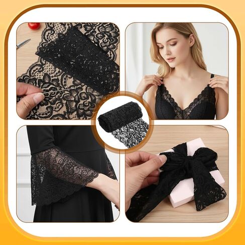 Black Lace Ribbon Fabric 5 Yards 4.3 Inches Stretchy Elastic Trim Lace Ribbon Vintage Fabric Applique Floral Pattern for Bridal Wedding Decorations Crafts Sewing DIY Projects in Kuwait