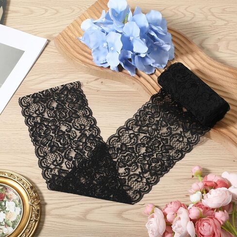 Black Lace Ribbon Fabric 5 Yards 4.3 Inches Stretchy Elastic Trim Lace Ribbon Vintage Fabric Applique Floral Pattern for Bridal Wedding Decorations Crafts Sewing DIY Projects in Kuwait