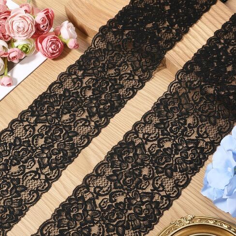 Black Lace Ribbon Fabric 5 Yards 4.3 Inches Stretchy Elastic Trim Lace Ribbon Vintage Fabric Applique Floral Pattern for Bridal Wedding Decorations Crafts Sewing DIY Projects in Kuwait