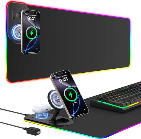 TARKARI RGB Gaming Mouse Pad Wireless Charging Desk Mat with Foldable Phone Stand, Large LED Gaming Mat 800x350x4mm, 15 Light Modes, Waterproof Keyboard Pad for PC, MacBook Laptop(Adapter Included) in Saudi Arabia