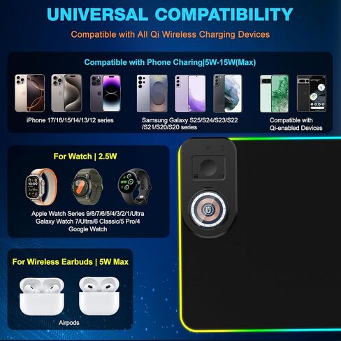 TARKARI RGB Gaming Mouse Pad Wireless Charging Desk Mat with Foldable Phone Stand, Large LED Gaming Mat 800x350x4mm, 15 Light Modes, Waterproof Keyboard Pad for PC, MacBook Laptop(Adapter Included) in Saudi Arabia
