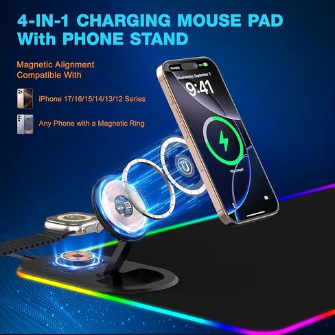 TARKARI RGB Gaming Mouse Pad Wireless Charging Desk Mat with Foldable Phone Stand, Large LED Gaming Mat 800x350x4mm, 15 Light Modes, Waterproof Keyboard Pad for PC, MacBook Laptop(Adapter Included) in Saudi Arabia