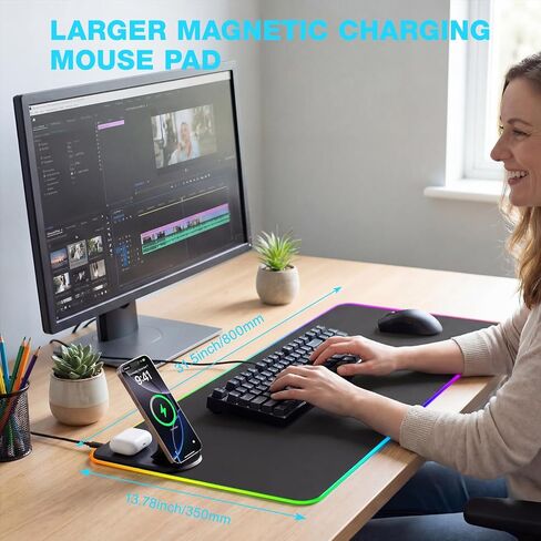 TARKARI RGB Gaming Mouse Pad Wireless Charging Desk Mat with Foldable Phone Stand, Large LED Gaming Mat 800x350x4mm, 15 Light Modes, Waterproof Keyboard Pad for PC, MacBook Laptop(Adapter Included) in Saudi Arabia