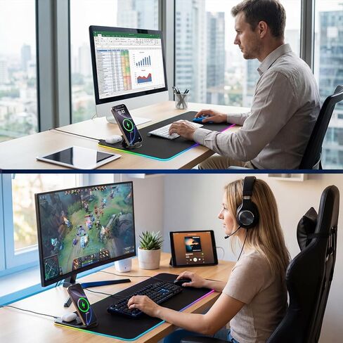 TARKARI RGB Gaming Mouse Pad Wireless Charging Desk Mat with Foldable Phone Stand, Large LED Gaming Mat 800x350x4mm, 15 Light Modes, Waterproof Keyboard Pad for PC, MacBook Laptop(Adapter Included) in Saudi Arabia