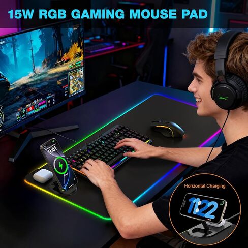 TARKARI RGB Gaming Mouse Pad Wireless Charging Desk Mat with Foldable Phone Stand, Large LED Gaming Mat 800x350x4mm, 15 Light Modes, Waterproof Keyboard Pad for PC, MacBook Laptop(Adapter Included) in Saudi Arabia
