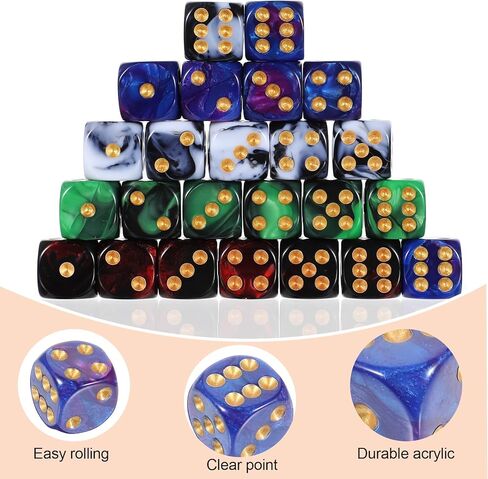 Sibba 24 Pack Marble Swirl D6 Dice 6 Sided Dice Set 16mm Round Corner Board Game Dices Round Angle Six Sided Dices Die with Free Pouch for DND MTG Tenzi Farkle Yahtzee Bunco Math Learning in Kuwait