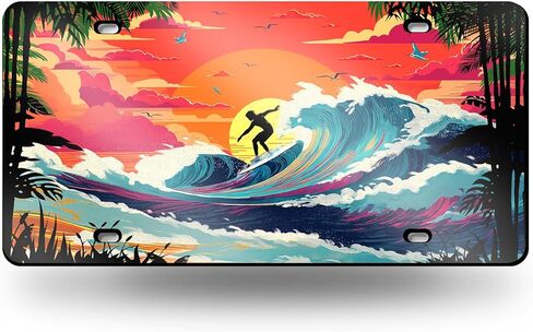 License Plate Surfing Sunset Front License Plate Cover, Surfing Scene Aluminum Decorative License Plates, Novelty Vanity Tag, Car Decor Accessory with 4 Holes, 6×12 inch Metal Car Plates Decor in Saudi Arabia