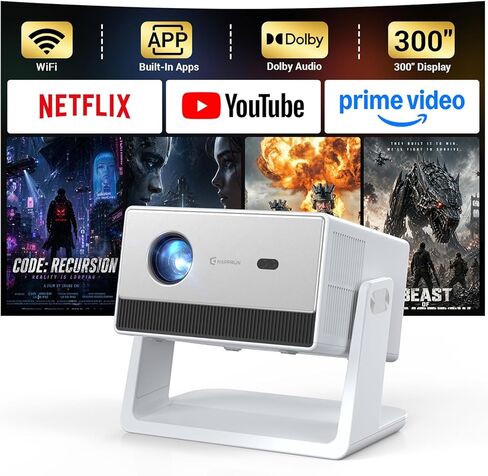 1500 ANSI Smart Projector, Portable Projector with WiFi and Bluetooth, HAPPRUN 4K Full HD Home Theater with 270° Stand, Dolby Sound, Built-in Apps,Compatible with Phone & PC, Indoor & Outdoor Use in Saudi Arabia