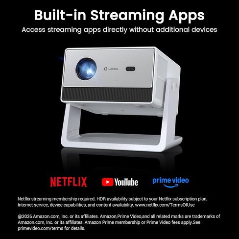 1500 ANSI Smart Projector, Portable Projector with WiFi and Bluetooth, HAPPRUN 4K Full HD Home Theater with 270° Stand, Dolby Sound, Built-in Apps,Compatible with Phone & PC, Indoor & Outdoor Use in Saudi Arabia
