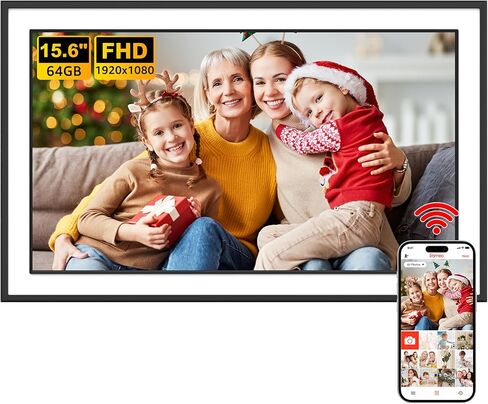 Frameo 15.6 Inch 64BG Large WiFi Digital Picture Frame, 1920x1080 IPS Full HD Touchscreen, Wall-Mounted Auto-Rotate, Share Photos/Videos and Send Best Wishes via Free App, for Mom in Saudi Arabia