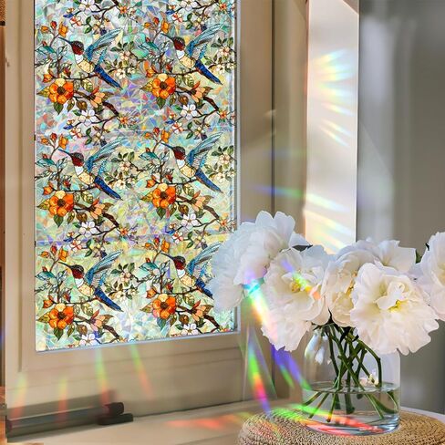 Stained Glass Sunroof Film Car, Pink Mangnolia Rainbow Decorative Privacy Window Film Patterns, Sunroof Decal for Car, Sun Protection Rainbow Window Cling, 17" x 39.4" in Saudi Arabia