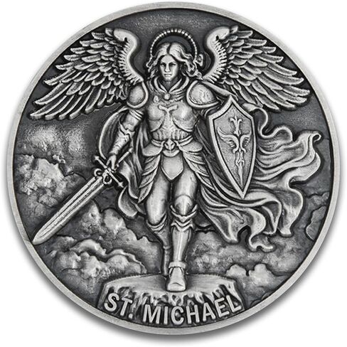 عملة التحدي سانت مايكل رئيس الملائكة والمزمور 91: 10-11 - 1.57 بوصة مزدوجة من سبائك الزنك المحفورة ثلاثية الأبعاد، ميدالية دينية فضية مع سيف الملاك وآية الكتاب المقدس in Kuwait