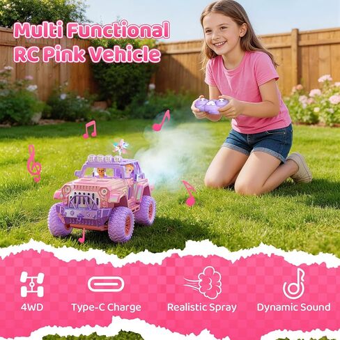 Remote Control Car for Girls with Spray and Sound, 2.4GHz All-Terrain Sparkling Pink RC Cars,Doll and Pet,Windmill,DIY Stickers,Rechargeable Battery,Toys Cars Birthday Gift for Girls Age 6-12 in Saudi Arabia