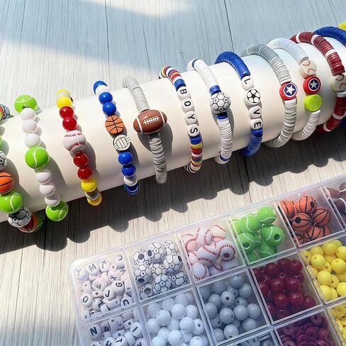 1769Pcs Acrylic Sports Ball Beads Kit for DIY Bracelet, Necklace & Jewelry Making, Letter Beads Volleyball Baseball Basketball Football Soccer Charms, Birthday Party Supplies Handmade Gifts in Saudi Arabia