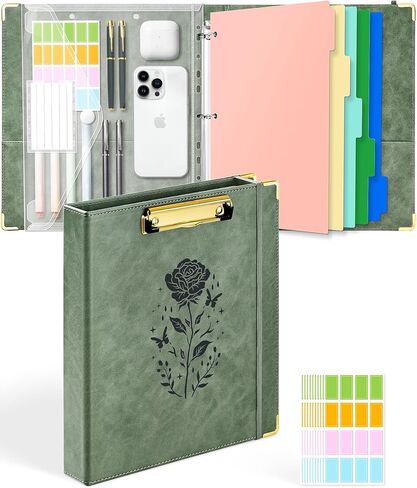 Ovesmusl 1 Inch 3 Ring Binder with Clipboard Leather Round Ring Binder with 5 Dividers, Plastic Folder, 400 Divider Stikers, Fits 175 Sheets 8.5"x11" Letter Size Paper in Kuwait