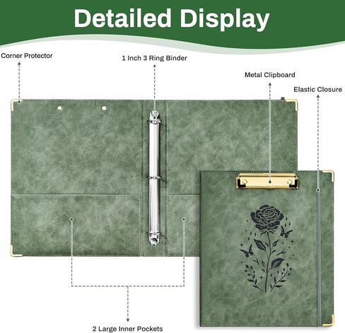Ovesmusl 1 Inch 3 Ring Binder with Clipboard Leather Round Ring Binder with 5 Dividers, Plastic Folder, 400 Divider Stikers, Fits 175 Sheets 8.5"x11" Letter Size Paper in Kuwait