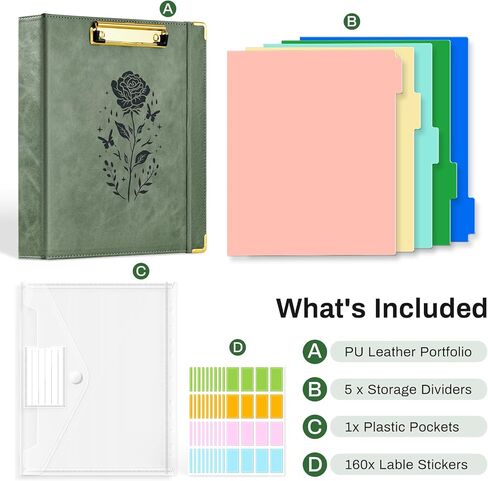 Ovesmusl 1 Inch 3 Ring Binder with Clipboard Leather Round Ring Binder with 5 Dividers, Plastic Folder, 400 Divider Stikers, Fits 175 Sheets 8.5"x11" Letter Size Paper in Kuwait
